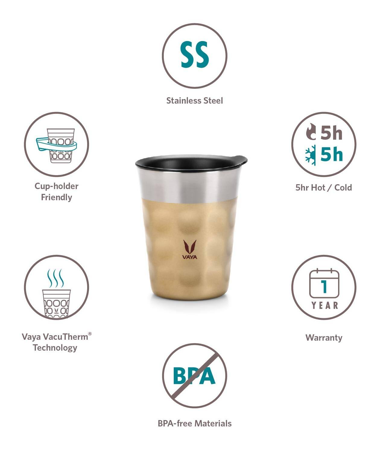Vaya Popcup Insulated Coffee Mug Tumbler With Lid - 250 ml (Gold) - Grab2buy
