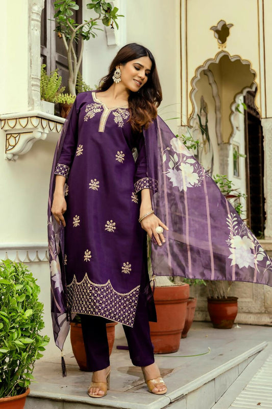 The52 Wine Women's Beautiful Viscose Chanderi Fabric Thread Work Straight Kurta Pant and Dupatta Set | Grab2Buy