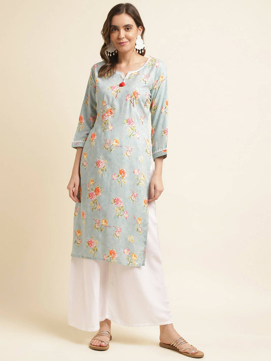 Blue Poly Rayon Floral Printed Straight Kurta - Prasuti