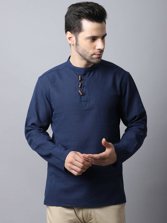 Even Apparels Navy Pure Cotton Men's Kurta With Band Collar