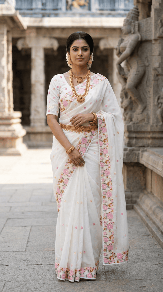 Mameraa Sarees White Premium Chiffon Saree With All Over Designer Embroidery-White
