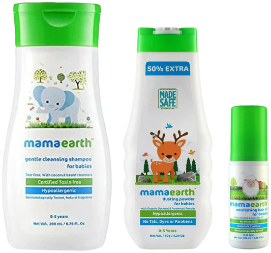 Mamaearth Nourishing Hair Oil & Dusting Powder & Gentle Cleansing Baby Shampoo Genie India