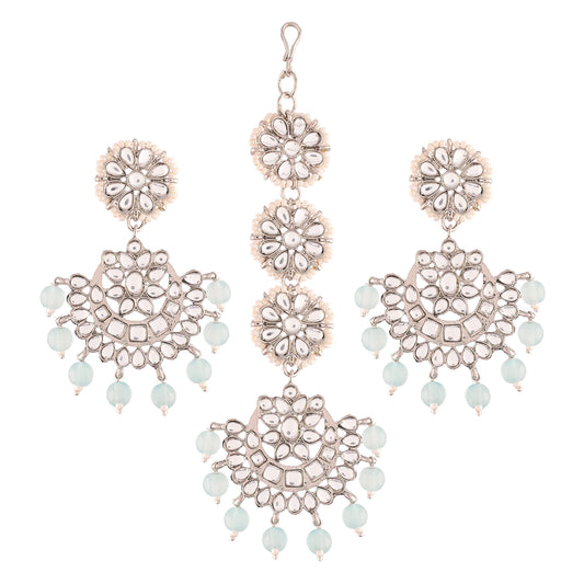 Gold-Polished With Matte Finish Traditional Kundan & Faux Pearl Chandbali Earrings With Maang Tikka Set - Wahe Jewels | Grab2Buy