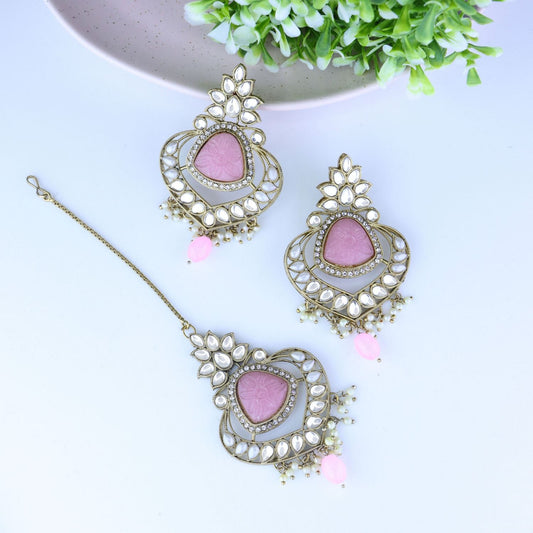 Gold-Polished Traditional Pearl Hanging Kundan Stone Chandbali Earring With Maang Tikka For Women/Girls - Wahe Jewels