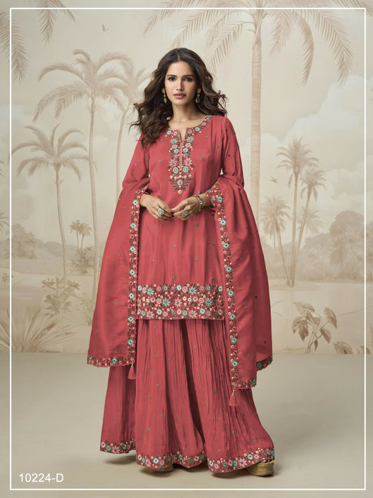 Anaita Peach Simar with Embroidery Multi & Zarkhan Work Readymade Palazzo suit