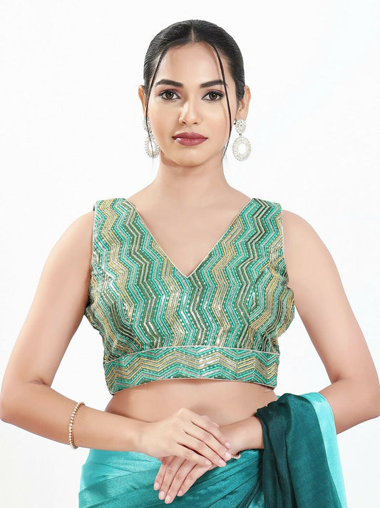 Joban Fashion Green Multi Silk Padded Blouse With V Neck Sleeveless