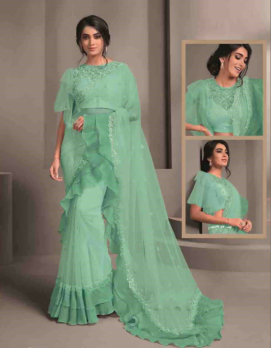 Pink Colored Net Embroidered Saree With Unstitched Blouse - Norita Raissa
