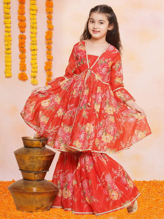 Girls Red Printed V- Neck Kurta with Sharara - Bhama