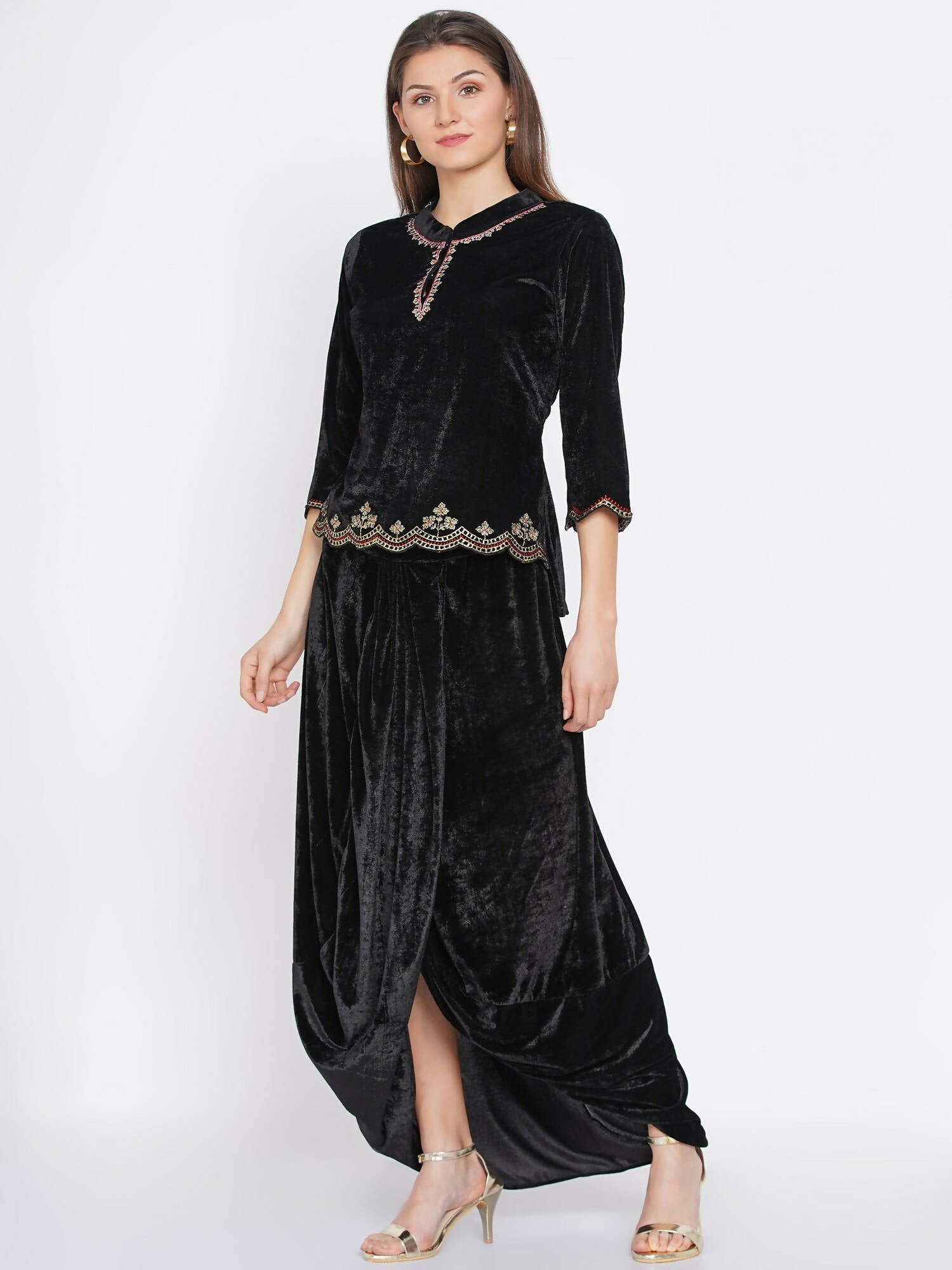 Women Republic Black Velvet Embroiderd Koti With Dhoti Pants - Grab2buy