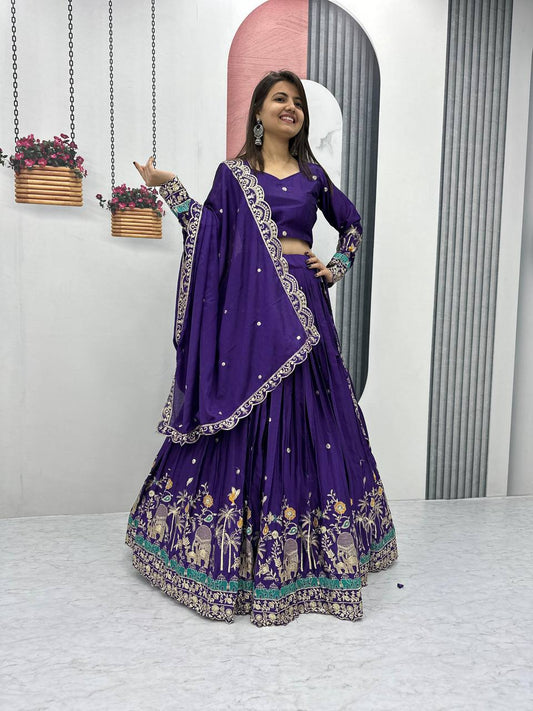 Teeya Creation Purple Color Chinon Silk Embroidery Work Fully Stitched Lehenga Choli