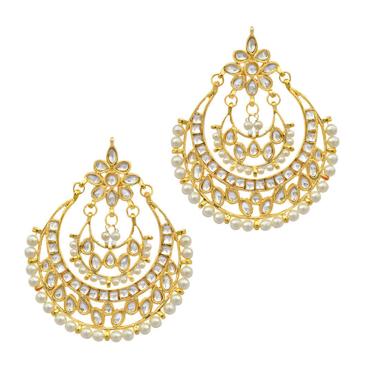 Gold-Polished Alloy Kundan & Pearl Chandbali Earrings - The Pari - The Pari - Dinesh Associates