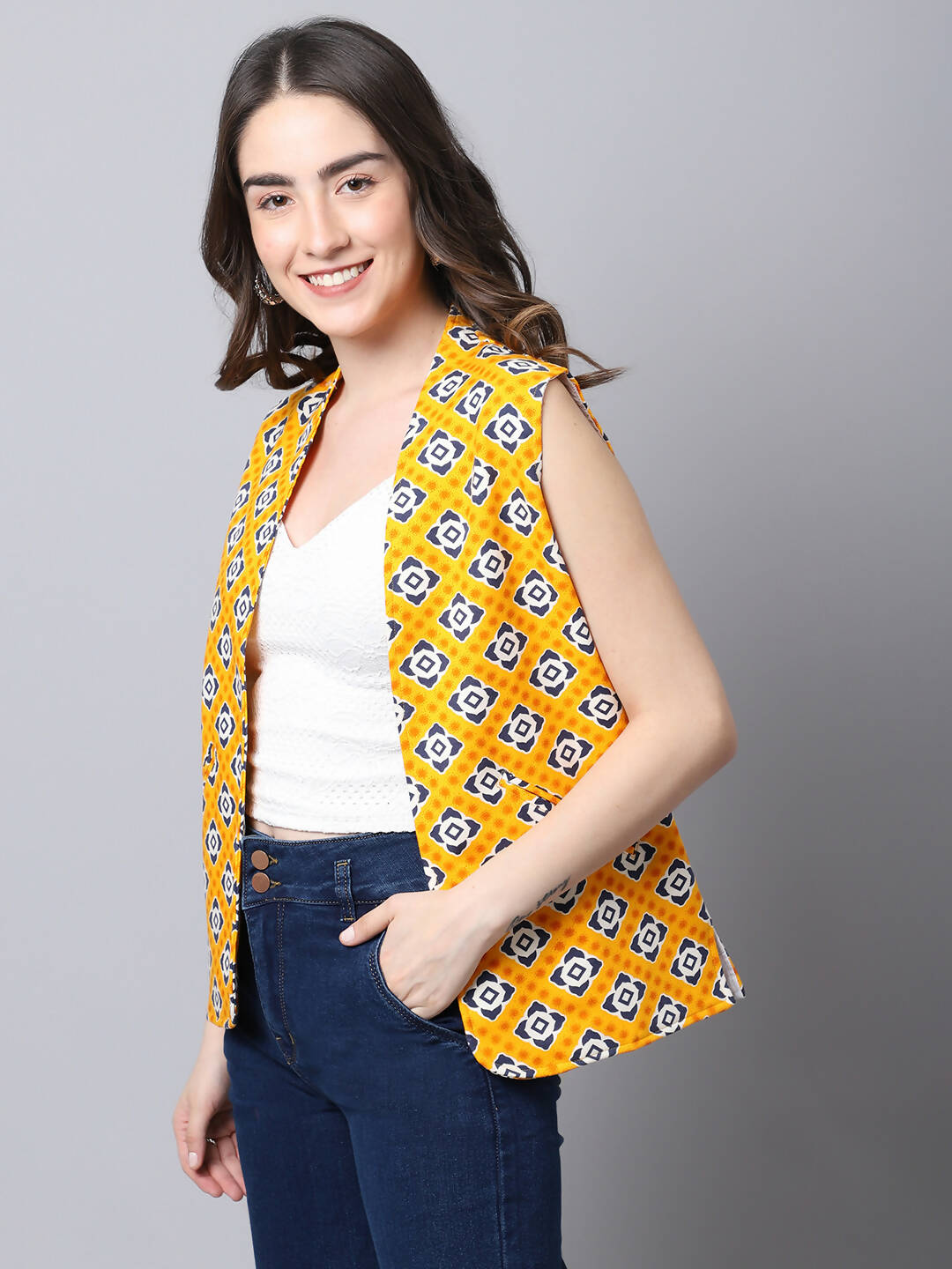 Even Apparels Yellow Viscose Rayon Open Front Women's Waistcoat - Grab2buy