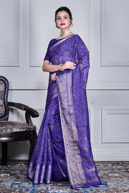 Morchari Dark Blue Script Printed Orzanga Saree Unstitched Blouse