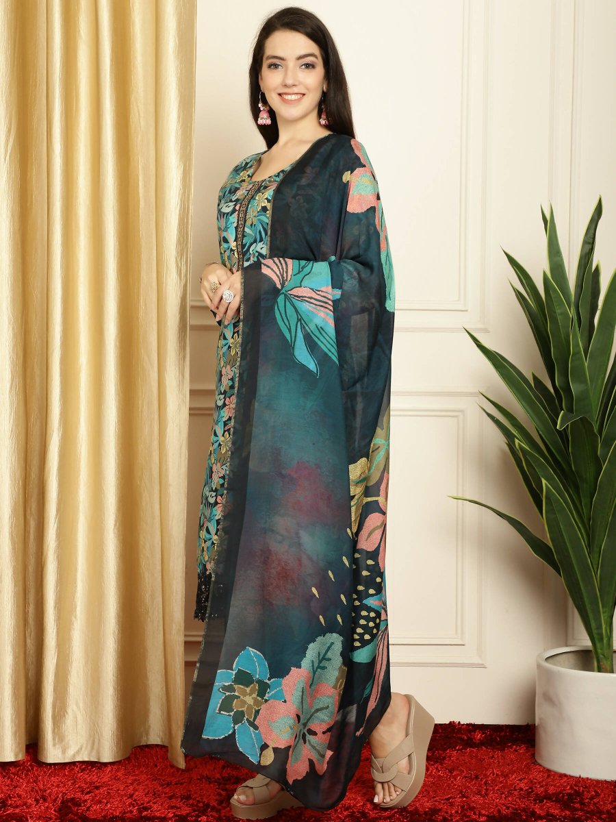 Aastha Fashion Women's Navy Blue Muslin Digital Printed with Embroidered Lace work Kurta with Trouser & Dupatta - Grab2buy