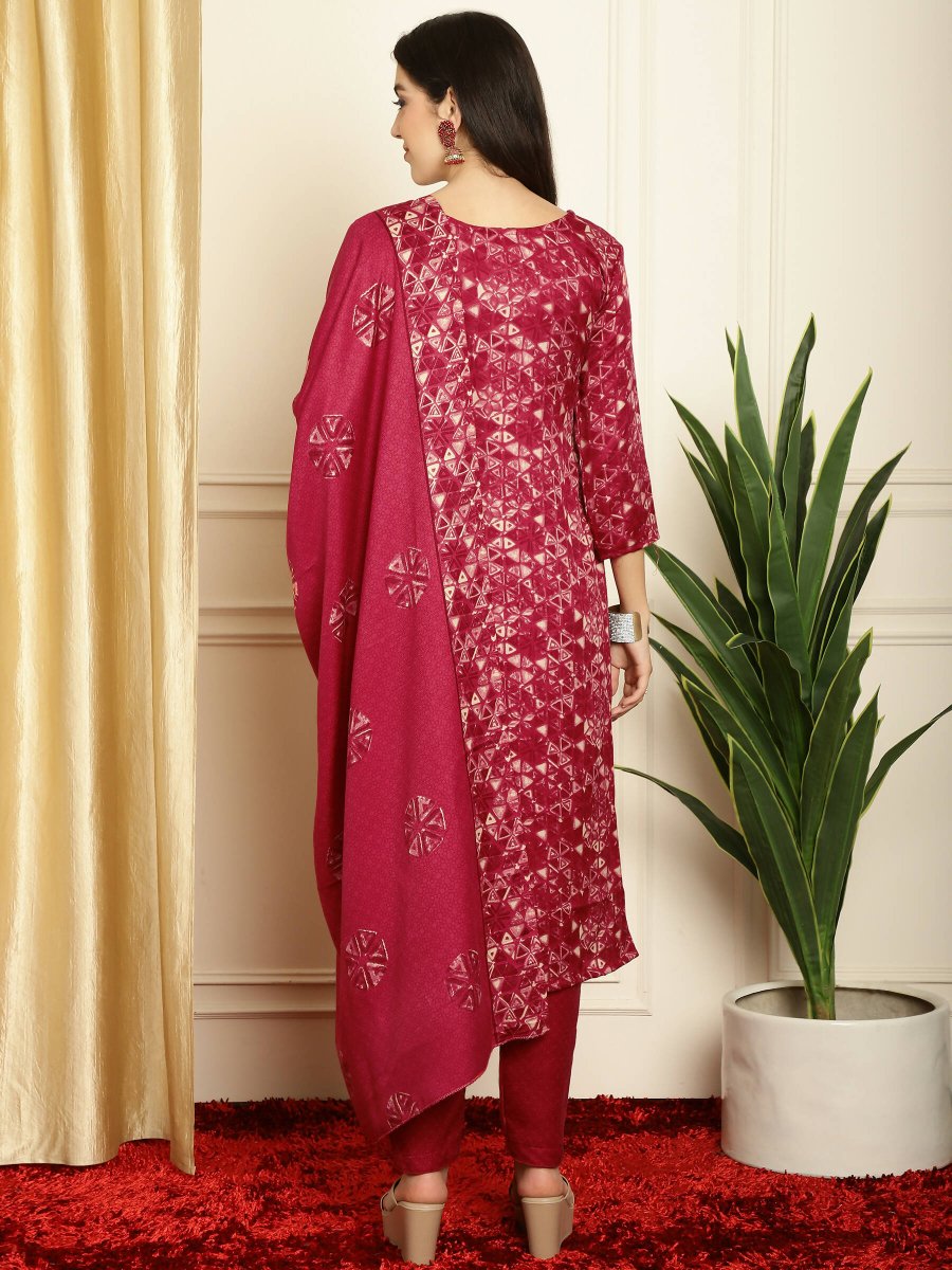 Aastha Fashion Women's Red Pashmina Floral Digital Printed Kurta with Trouser & Dupatta - Grab2buy