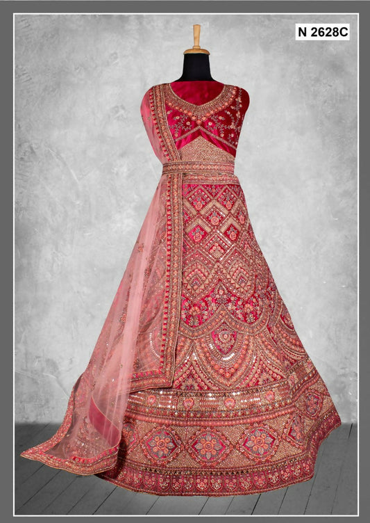 Red Velvet Zardosi Work With Pure Mirror Work Lehenga Choli - Nimaya Tyohar