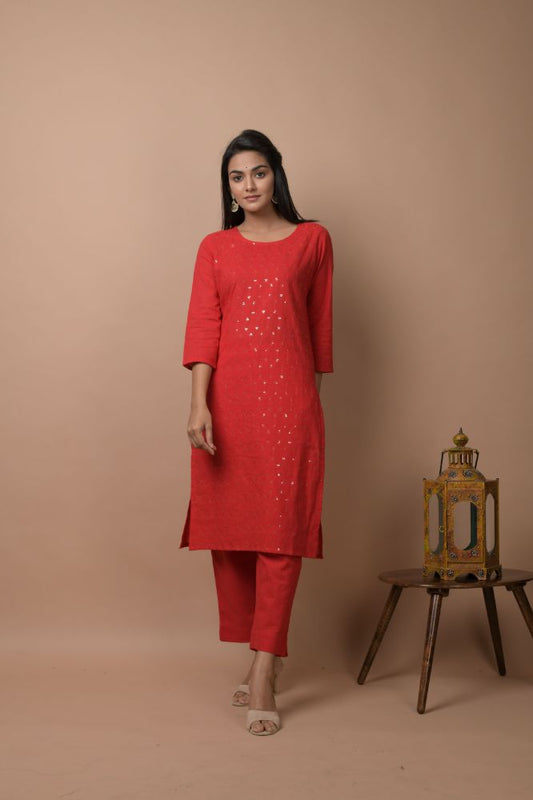 Kaajh Women's Red Solid Sequins Embellished Kurta Pant Set
