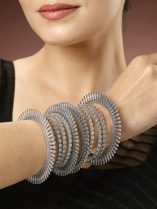 NVR Women's Set of 6 Silver-Toned German Silver Oxidised Bangles