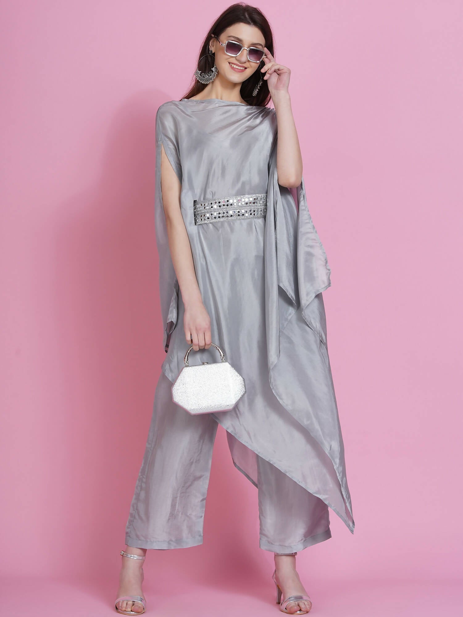 Women Republic Grey Opara Silk Kurta With Belt And Palazzo - Grab2buy