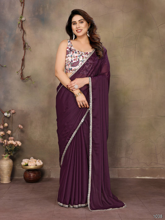 Partywear traditional Georgette Wine Fancy Saree - Anbazaar