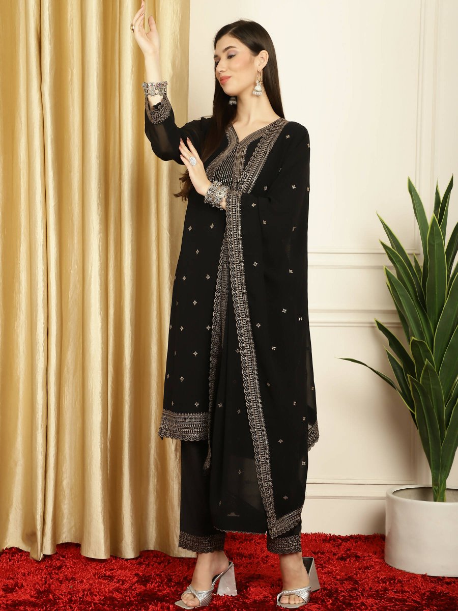 Aastha Fashion Women's Black Georgette Resham Thread & Sequin Kurta with Trouser & Dupatta - Grab2buy