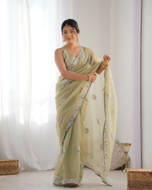 Pista Gold Twill Net Multy Thread, Sequance Embroidery Work Saree - Kriti