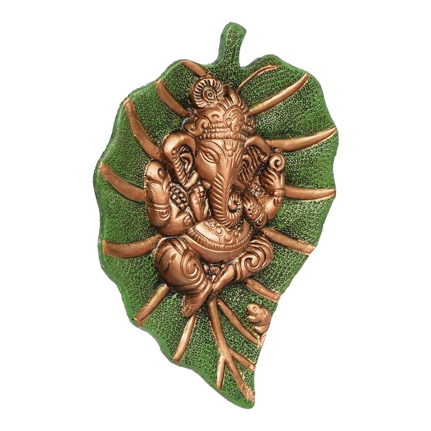 eCraftIndia Metal Golden Lord Ganesha On Green Leaf Wall Hanging Sculpture - Grab2buy