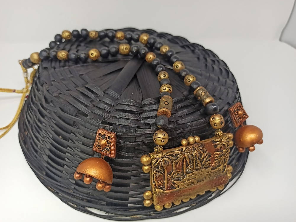 Terracotta Kerala Style Mansion Boat Pendant Long Necklace Set With Temple Earrings