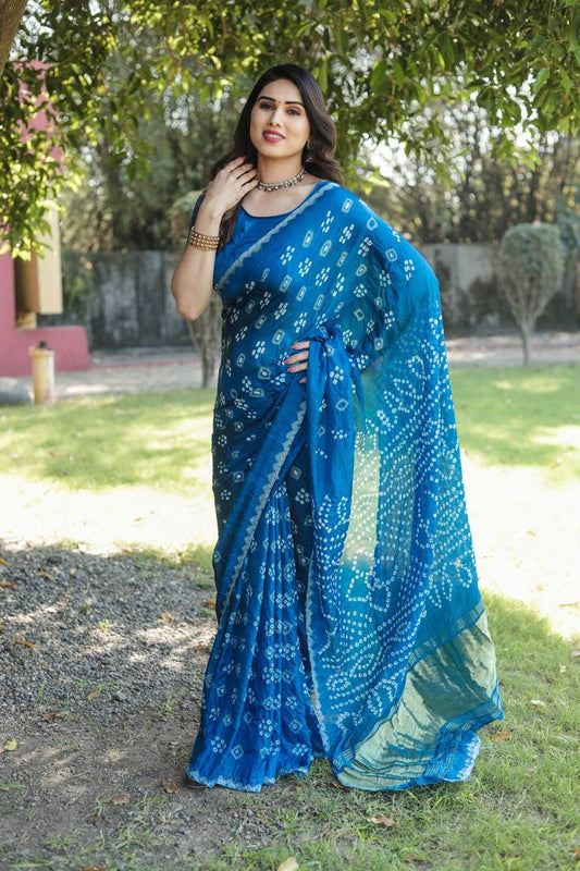Anaita Teal Woven Design Pure Bandhej Silk Saree With Blouse