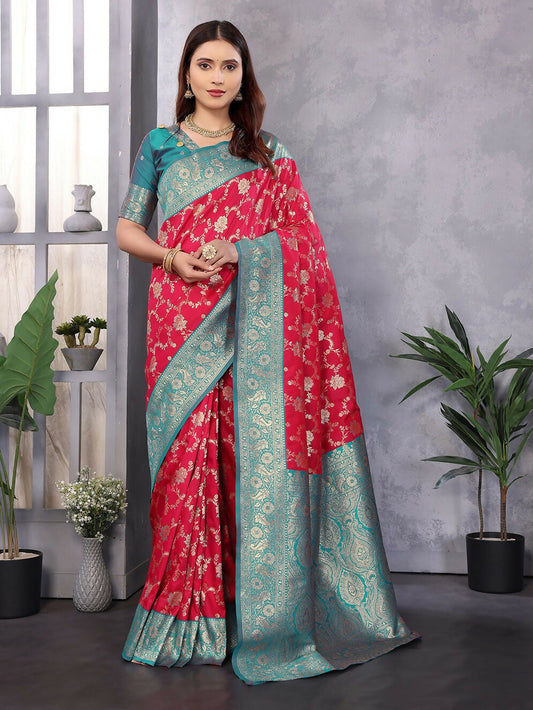 Joban Fashion Banarasi Red Woven Soft Silk Saree | Swadesiicart