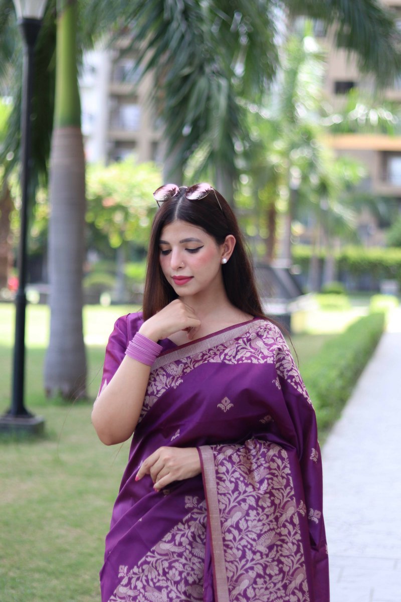 Aastha Fashion Purple Woven Handloom Raw Silk Saree with Blouse - Grab2buy