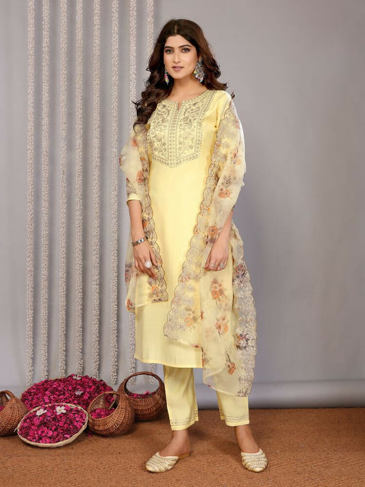 Joban Fashion Women Pale Yellow Roman Embroidery Stitched Kurta Set