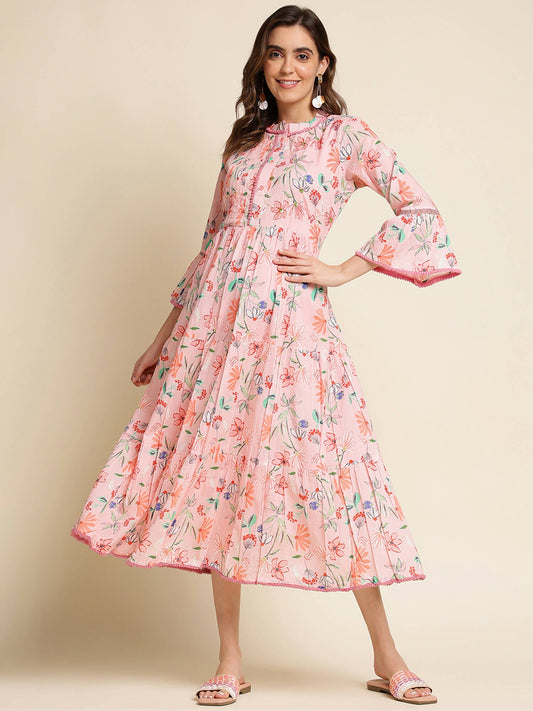 Pink Cotton Floral Printed Dress - Nandani