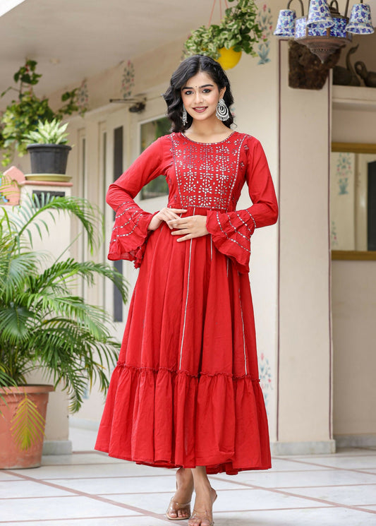 Kaajh Women's Red Mirror Embroidered Cotton Ethnic Dress