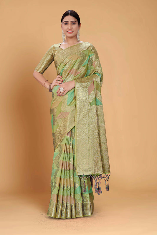 Green Soft Organza Woven Design Saree With Unstitched Blouse Piece - Zaara