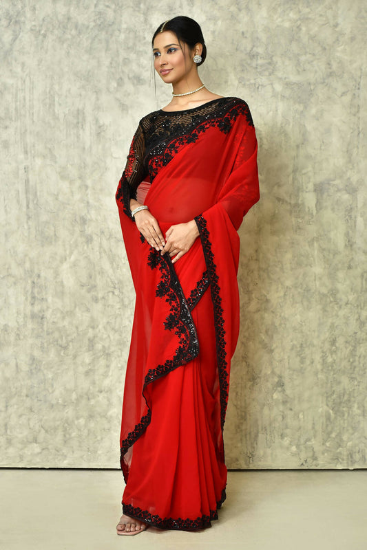 Red Georgette Plain Saree with Blouse Piece - Purvi