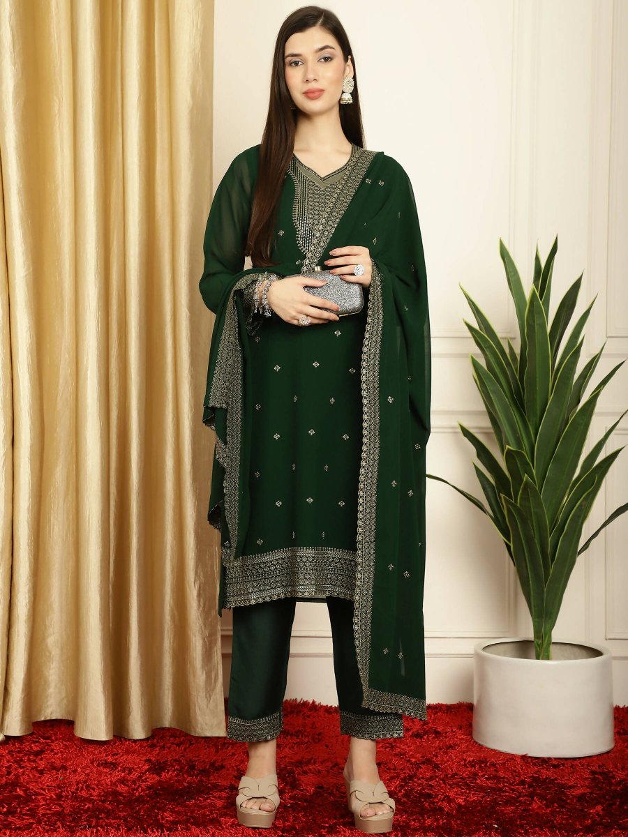 Aastha Fashion Women's Green Georgette Resham Thread & Sequin Kurta with Trouser & Dupatta - Grab2buy