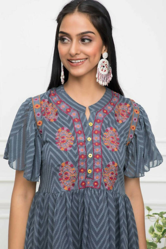 Myshka Women Solid V-Neck Flared Sleeves Synthetic Georgette Grey Top