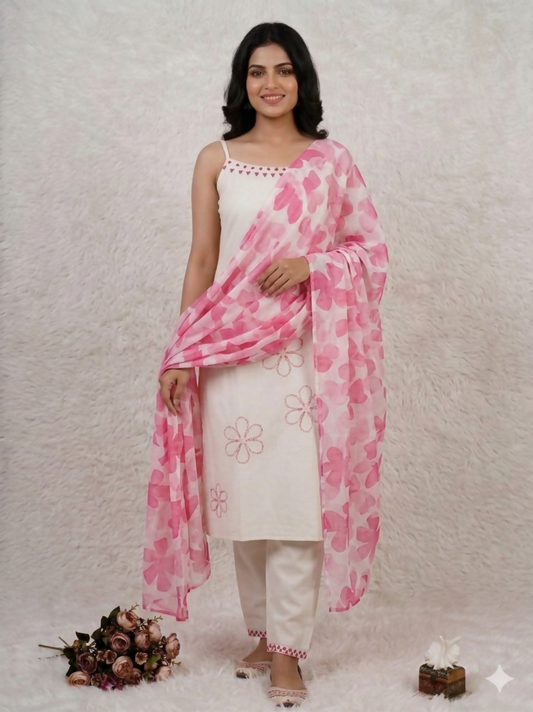 Teeya Creation Women’s Straight Cotton Kurta Pant Set with Floral Organza Dupatta Set