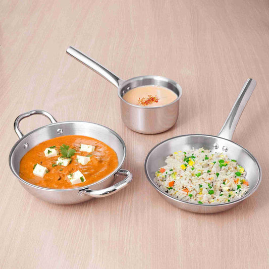 The Indus Valley TurboCuk Tri-ply Stainless Steel Cookware Set: 2.2L Kadai+ 1.4L Frypan+ 1.2L Tea/Milk pan, Premium Quality, 3 Layer Thick Body, 100% Toxin-free, Non-stick, Induction & Gas Grab2Buy The Indus Valley Grab2Buy