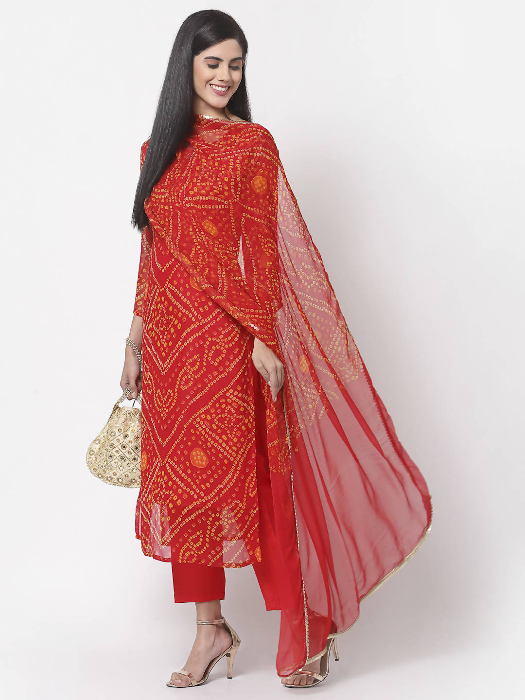 Myshka Women Red Georgette Printed 3/4 Sleeve Round Neck Kurta Pant Dupatta Set
