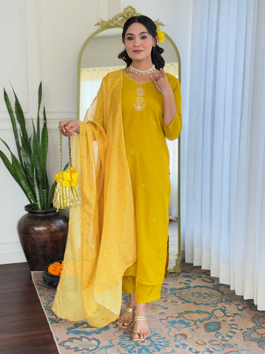 The52 Yellow Women's Beautiful Embroidered Rayon Fabric with Straight Kurta, Pant and Dupatta Set | Grab2Buy