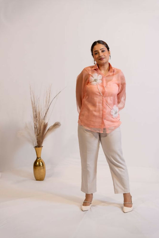Timaraa Peach Coral Organza Shirt With Hand Embellished 3D Floral Motift Grab2Buy Timaraa Grab2Buy