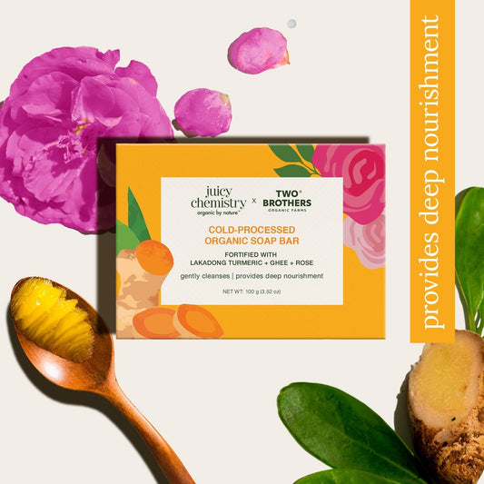 Cold-processed Organic Soap Bar Fortified with Lakadong Turmeric, Ghee & Rose