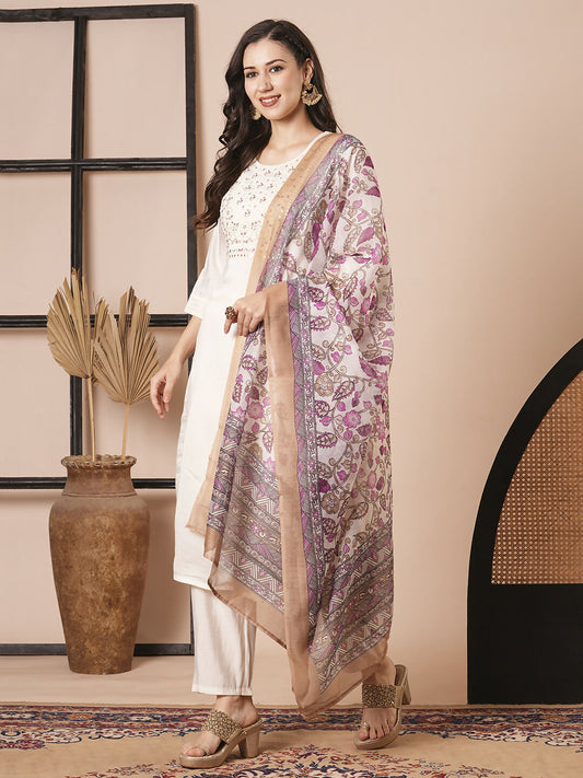 Cream Chanderi Embroidery Work, Printed Kurta Set - Riya