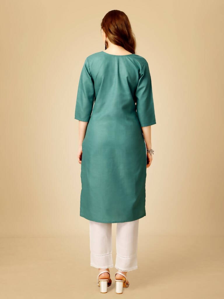 Aastha Fashion Women's Teal Cotton Blend Embroidered Kurta Pant Set - Grab2buy