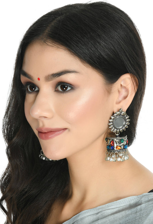 Mominos Fashion Johar Kamal Women Multi Kundan Oxidised Jhumkas - Grab2buy