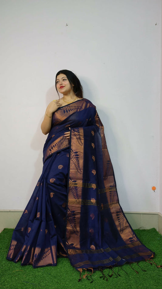 Exclusive Collection Beautiful Navy Blue Cotton Silk Woven Handloom Grab2Buy With Running Blouse Piece