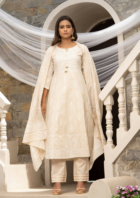 Off White Cotton Cambric Printed with Sequins work Anarkali Kurta with Pant & Dupatta - Akashara