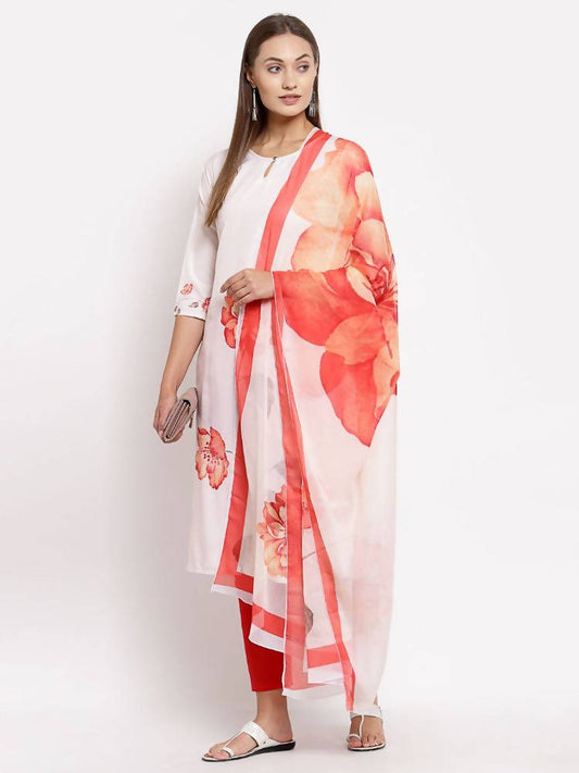 Myshka Women's White Printed Cotton Printed 3/4 Sleeve Round Neck Casual Kurta Pant Dupatta Set